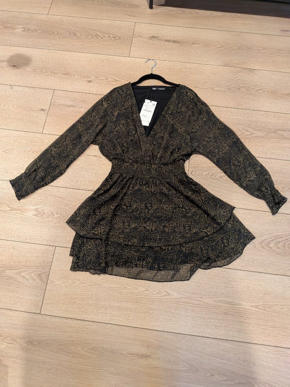 Zara black and tan mini dress with elastic waist and sheer sleeves size S